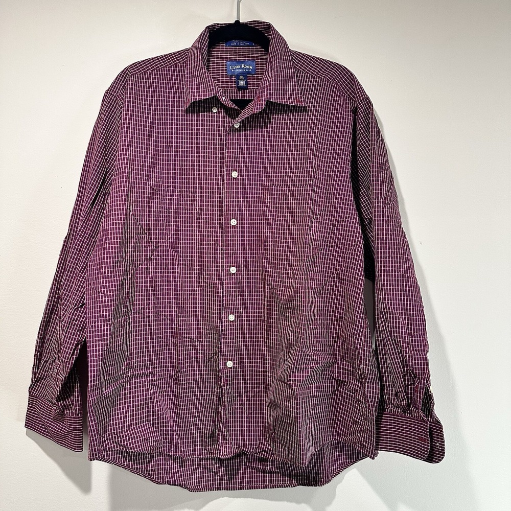 Club Room Button Down 16.5 34/35 Mens Maroon White Plaid Long Sleeve 100% Cotton